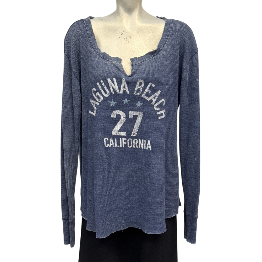 TechStyles Laguna Beach California 27‎ Waffle Knit Top XL Blue Long Sleeve
